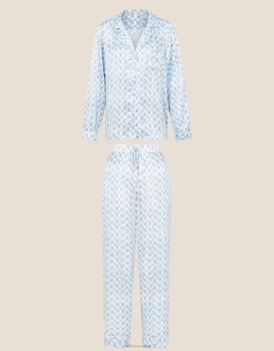 Monsoon نحيف طقم بيجامة زفاف من الساتان بطباعة هندسية D68H682 ملابس أزرق