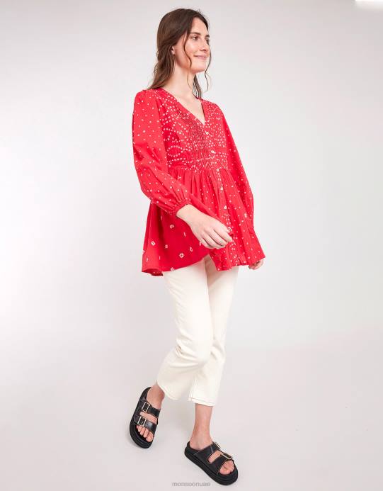 Monsoon نحيف بلوزة مطبوعة من إيست نوفا باندهاني D68H687 ملابس أحمر