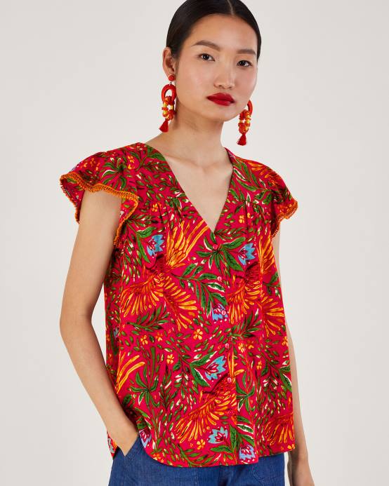 Monsoon نحيف قميص جيرسي بطبعة أوراق الشجر مصنوع من مزيج الكتان D68H688 ملابس أحمر