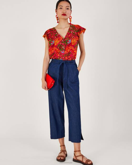 Monsoon نحيف قميص جيرسي بطبعة أوراق الشجر مصنوع من مزيج الكتان D68H688 ملابس أحمر