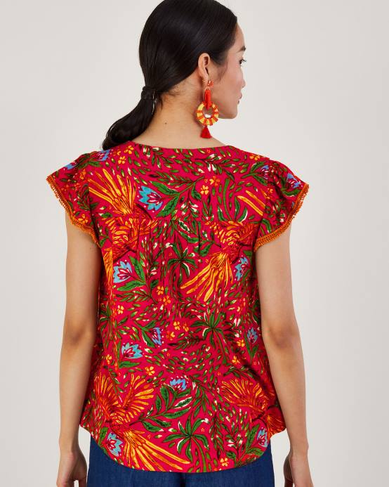 Monsoon نحيف قميص جيرسي بطبعة أوراق الشجر مصنوع من مزيج الكتان D68H688 ملابس أحمر