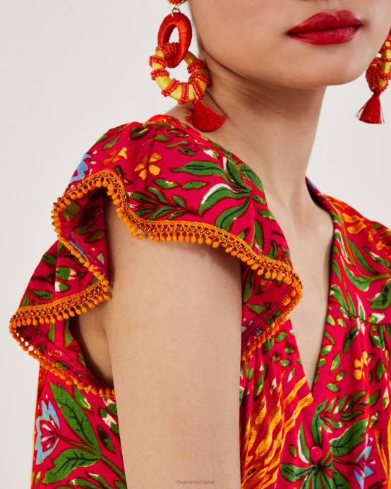 Monsoon نحيف قميص جيرسي بطبعة أوراق الشجر مصنوع من مزيج الكتان D68H688 ملابس أحمر