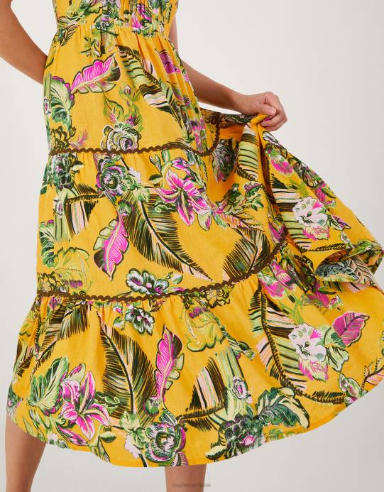 Monsoon نحيف فستان الشمس ذو طبقات بطباعة نباتية مع لينزينج إيكوفيرو D68H691 ملابس أصفر