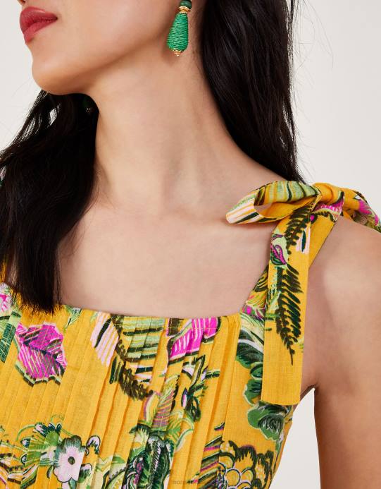 Monsoon نحيف فستان الشمس ذو طبقات بطباعة نباتية مع لينزينج إيكوفيرو D68H691 ملابس أصفر