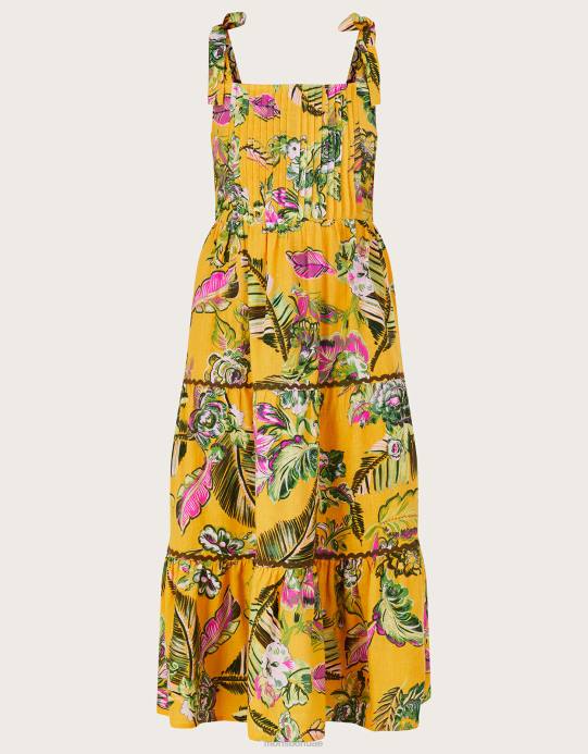 Monsoon نحيف فستان الشمس ذو طبقات بطباعة نباتية مع لينزينج إيكوفيرو D68H691 ملابس أصفر