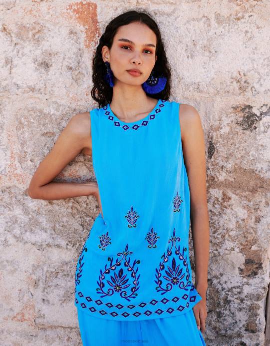 Monsoon نحيف بلوزة بدون أكمام مطرزة من لينزينج إيكوفيرو D68H693 ملابس أزرق