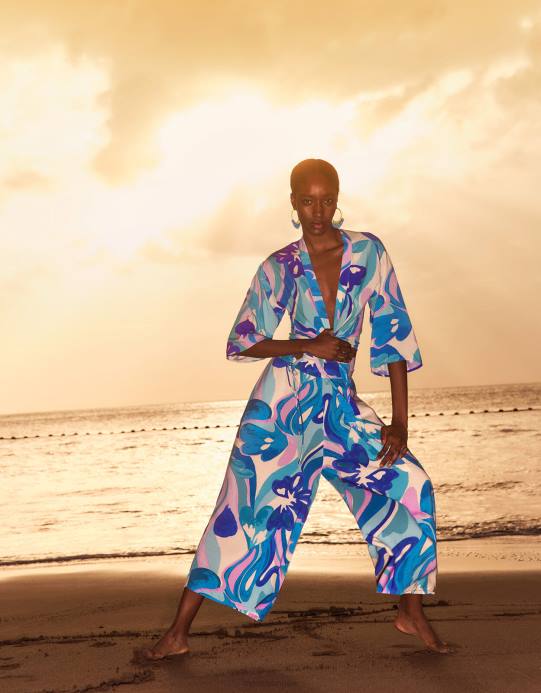 Monsoon نحيف بلوزة قصيرة بطبعة دوامة وربطة أمامية من لينزينج إيكوفيرو D68H694 ملابس أزرق