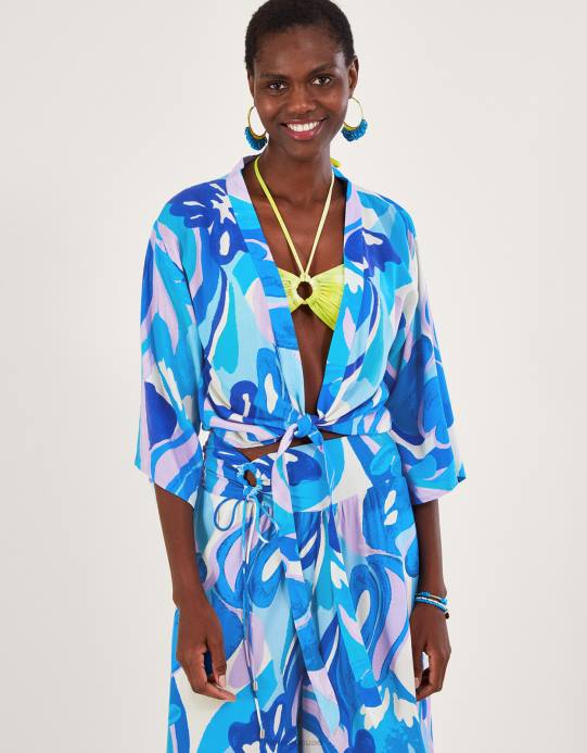 Monsoon نحيف بلوزة قصيرة بطبعة دوامة وربطة أمامية من لينزينج إيكوفيرو D68H694 ملابس أزرق