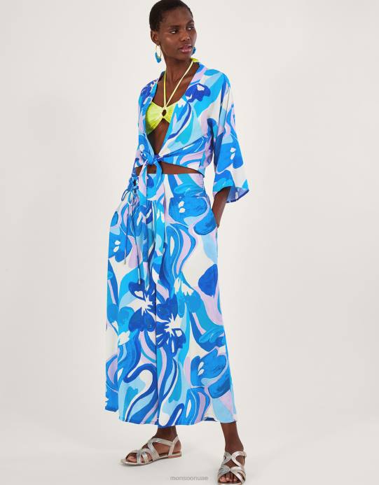 Monsoon نحيف بلوزة قصيرة بطبعة دوامة وربطة أمامية من لينزينج إيكوفيرو D68H694 ملابس أزرق