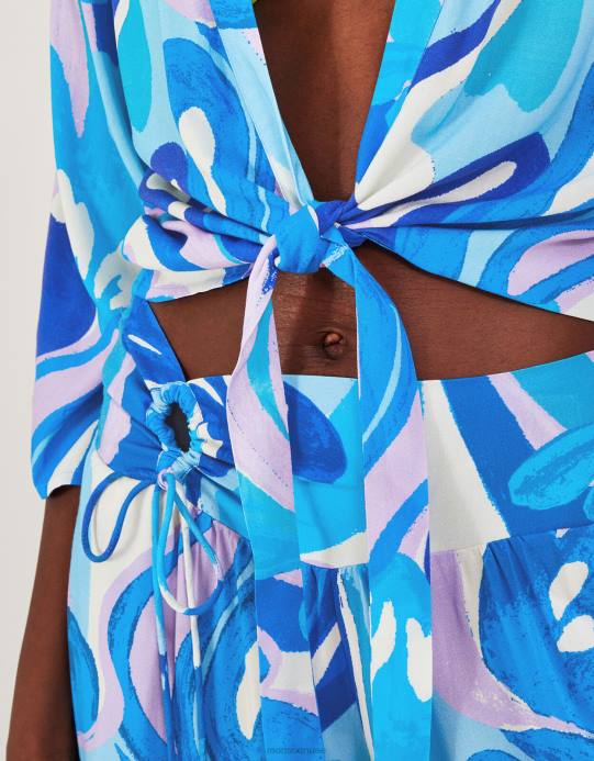 Monsoon نحيف بلوزة قصيرة بطبعة دوامة وربطة أمامية من لينزينج إيكوفيرو D68H694 ملابس أزرق