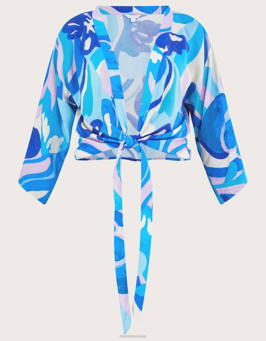 Monsoon نحيف بلوزة قصيرة بطبعة دوامة وربطة أمامية من لينزينج إيكوفيرو D68H694 ملابس أزرق