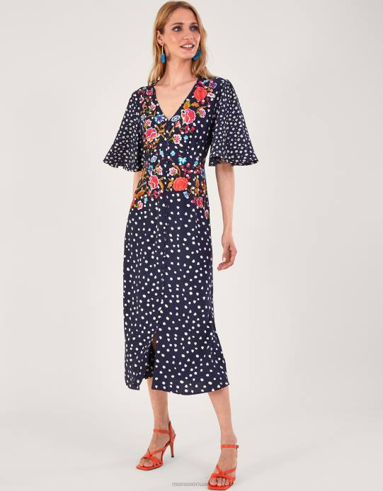 Monsoon نحيف روري فستان الشاي المطرز D68H696 ملابس الأزرق الداكن)