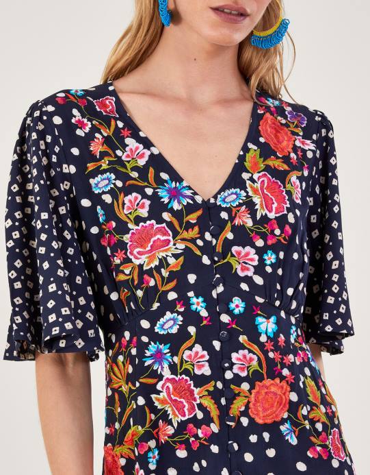 Monsoon نحيف روري فستان الشاي المطرز D68H696 ملابس الأزرق الداكن)