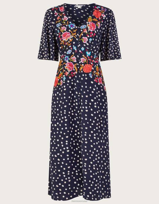 Monsoon نحيف روري فستان الشاي المطرز D68H696 ملابس الأزرق الداكن)