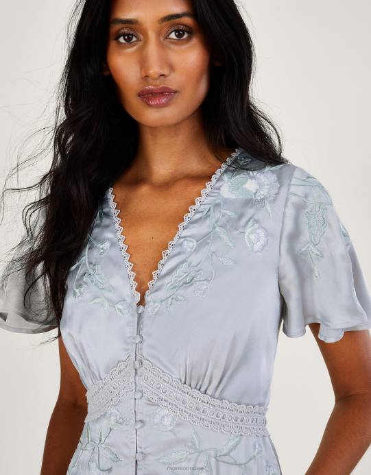 Monsoon نحيف فستان ميا الساتان المطرز ماكسي D68H698 ملابس فضة