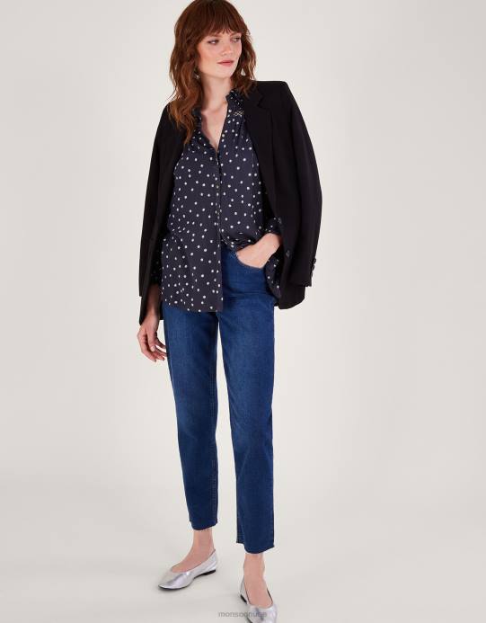 Monsoon نحيف بقعة قطع بلوزة D68H69 ملابس الأزرق الداكن)