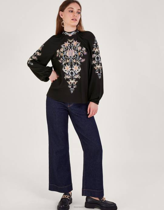 Monsoon نحيف بلوزة فرح مطرزة بالأزهار D68H6 ملابس أسود