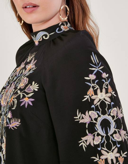 Monsoon نحيف بلوزة فرح مطرزة بالأزهار D68H6 ملابس أسود