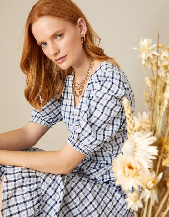 Monsoon نحيف فستان دوللي ملفوف من القماش القطني D68H701 ملابس أزرق