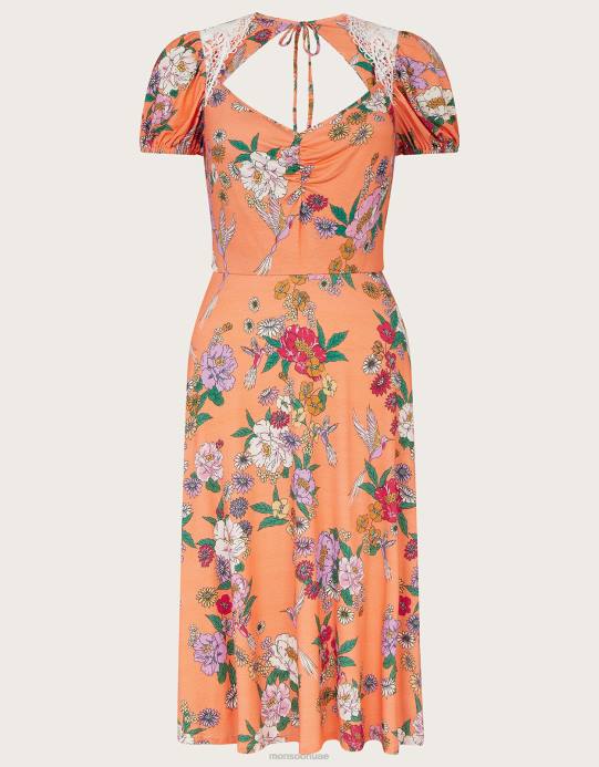 Monsoon نحيف فستان جيرسيه مزين بالدانتيل وزهور D68H703 ملابس البرتقال (الخوخ)