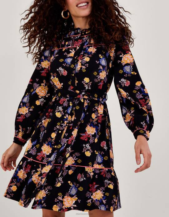 Monsoon نحيف فستان جيرسيه بحزام وطبعات زهور D68H709 ملابس أسود