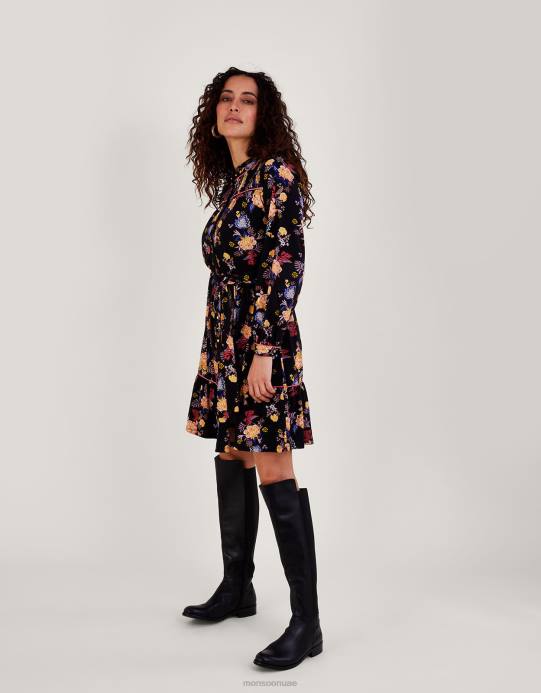 Monsoon نحيف فستان جيرسيه بحزام وطبعات زهور D68H709 ملابس أسود