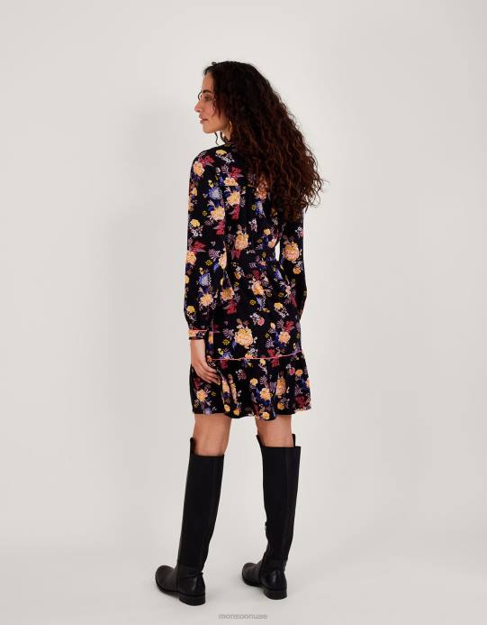 Monsoon نحيف فستان جيرسيه بحزام وطبعات زهور D68H709 ملابس أسود