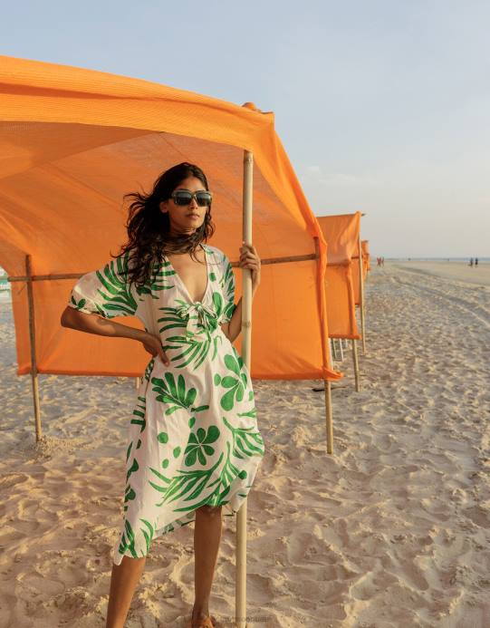 Monsoon نحيف فستان ميدي بطبعة نخيل تجريدية وربطة أمامية D68H710 ملابس أخضر