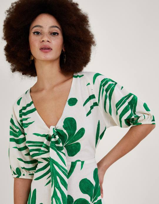 Monsoon نحيف فستان ميدي بطبعة نخيل تجريدية وربطة أمامية D68H710 ملابس أخضر