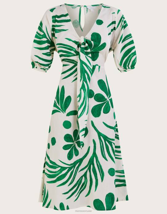 Monsoon نحيف فستان ميدي بطبعة نخيل تجريدية وربطة أمامية D68H710 ملابس أخضر
