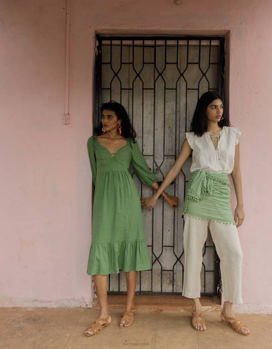 Monsoon نحيف فستان ميلاني للشاي من مزيج الكتان D68H712 ملابس أخضر