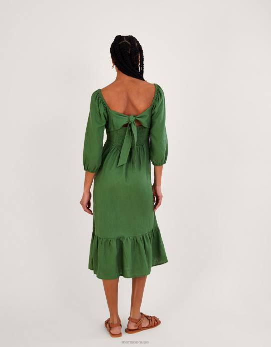 Monsoon نحيف فستان ميلاني للشاي من مزيج الكتان D68H712 ملابس أخضر