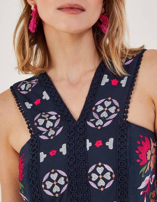 Monsoon نحيف فستان الشمس جيرسي المطرزة D68H730 ملابس الأزرق الداكن)