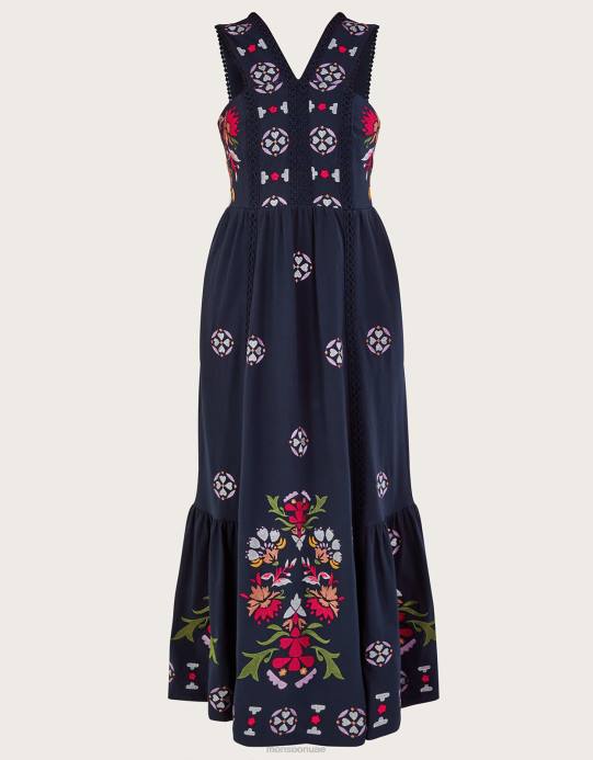 Monsoon نحيف فستان الشمس جيرسي المطرزة D68H730 ملابس الأزرق الداكن)