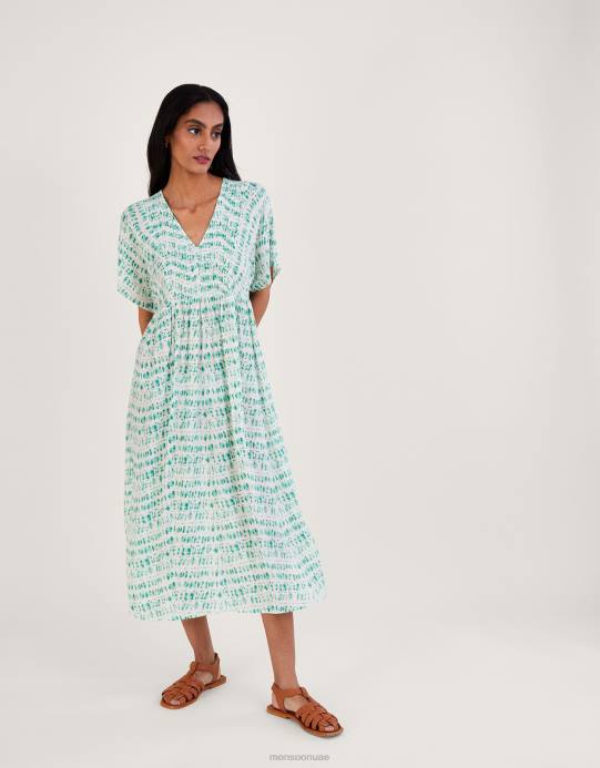 Monsoon نحيف فستان قفطان بطبعة ربطة عنق وصدرية مكشكشة D68H733 ملابس الأزرق (الفيروز)