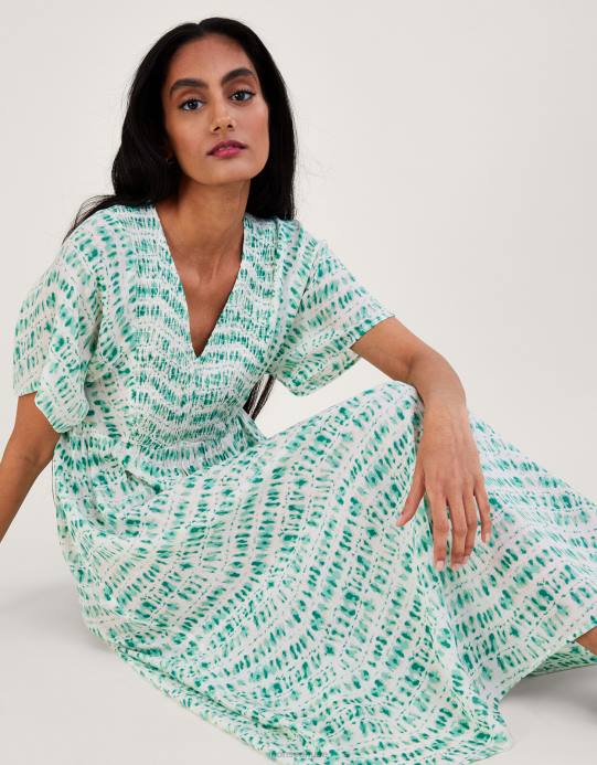 Monsoon نحيف فستان قفطان بطبعة ربطة عنق وصدرية مكشكشة D68H733 ملابس الأزرق (الفيروز)