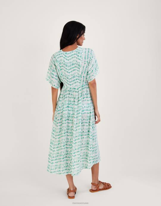 Monsoon نحيف فستان قفطان بطبعة ربطة عنق وصدرية مكشكشة D68H733 ملابس الأزرق (الفيروز)