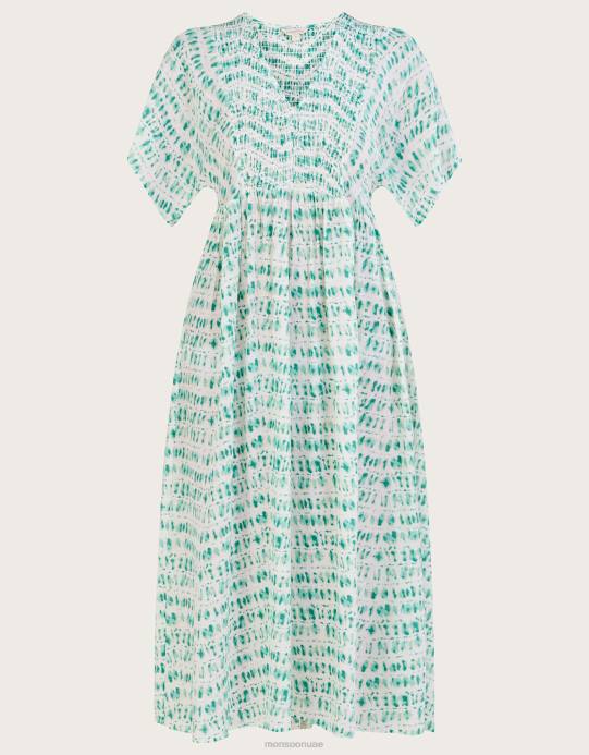 Monsoon نحيف فستان قفطان بطبعة ربطة عنق وصدرية مكشكشة D68H733 ملابس الأزرق (الفيروز)