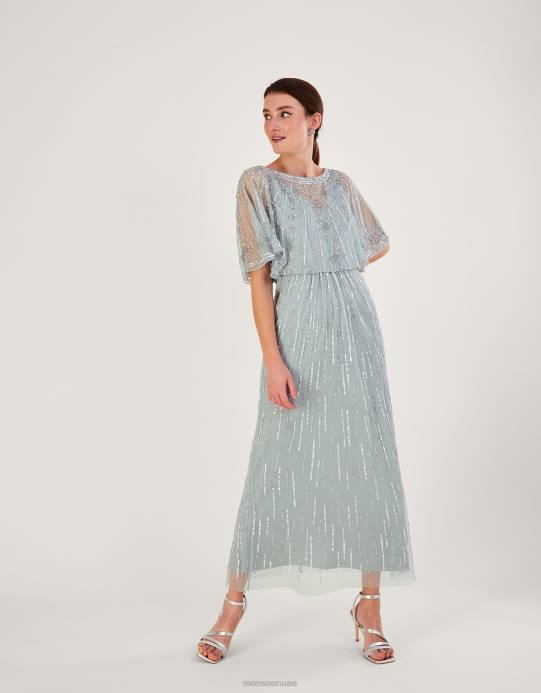 Monsoon نحيف فستان إليزابيث طويل مزين بقصّة قصيرة من البوليستر المُعاد تدويره D68H738 ملابس أخضر