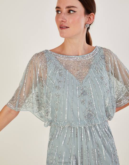 Monsoon نحيف فستان إليزابيث طويل مزين بقصّة قصيرة من البوليستر المُعاد تدويره D68H738 ملابس أخضر