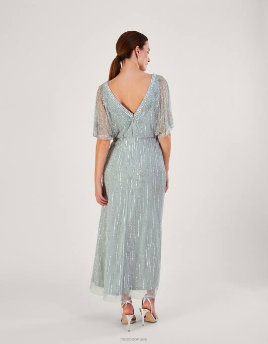 Monsoon نحيف فستان إليزابيث طويل مزين بقصّة قصيرة من البوليستر المُعاد تدويره D68H738 ملابس أخضر