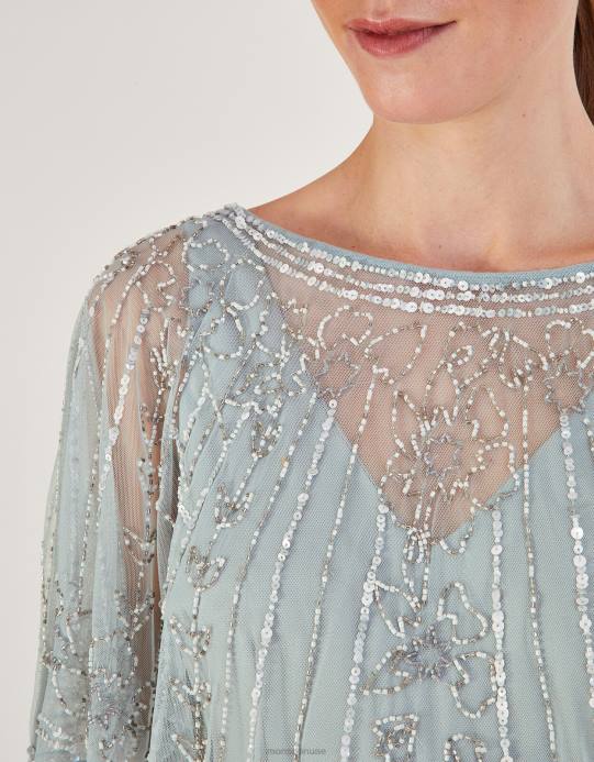 Monsoon نحيف فستان إليزابيث طويل مزين بقصّة قصيرة من البوليستر المُعاد تدويره D68H738 ملابس أخضر