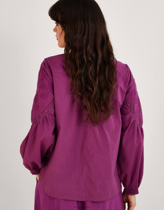 Monsoon نحيف بلوزة علوية مطرزة بالألوان من القطن المستدام D68H739 ملابس الأرجواني (أرجواني)