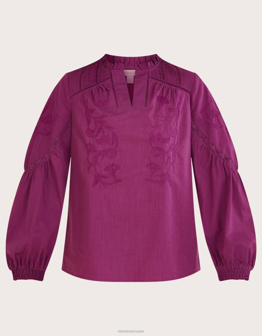 Monsoon نحيف بلوزة علوية مطرزة بالألوان من القطن المستدام D68H739 ملابس الأرجواني (أرجواني)