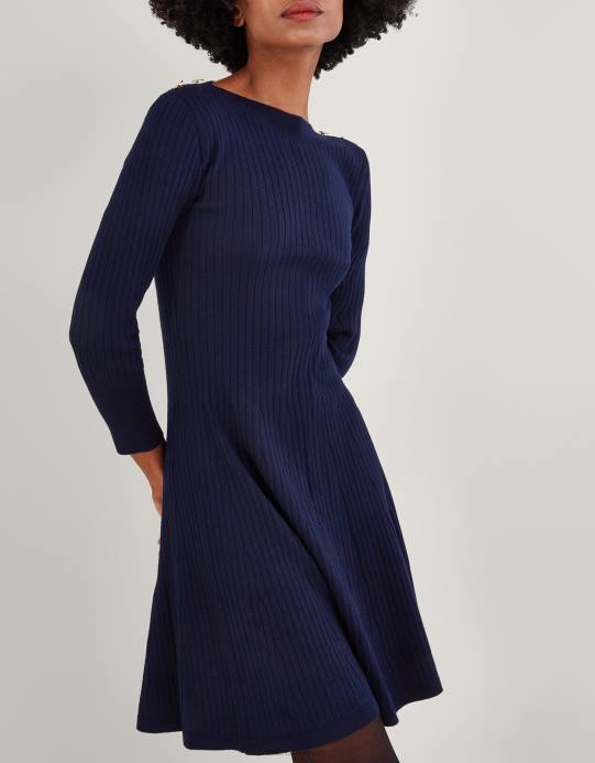 Monsoon نحيف فستان بأزرار وقصة مضلعة وفستان واسع من البوليستر المعاد تدويره D68H743 ملابس الأزرق الداكن)