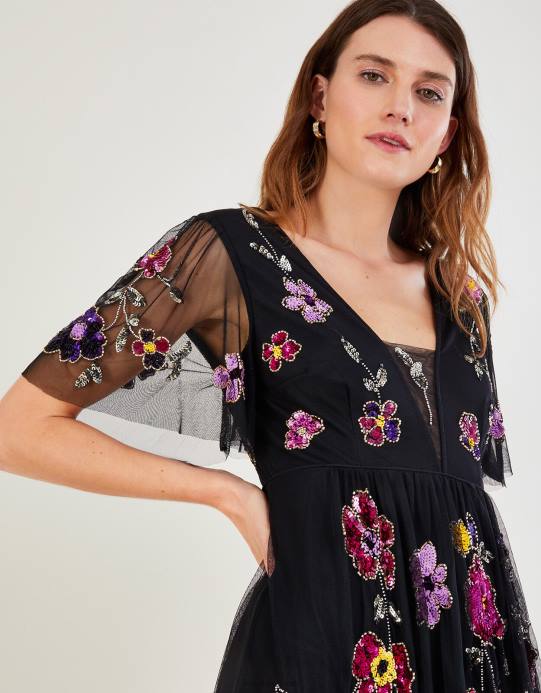 Monsoon نحيف فستان ماكسي مزين من تصميم فاي D68H744 ملابس أسود