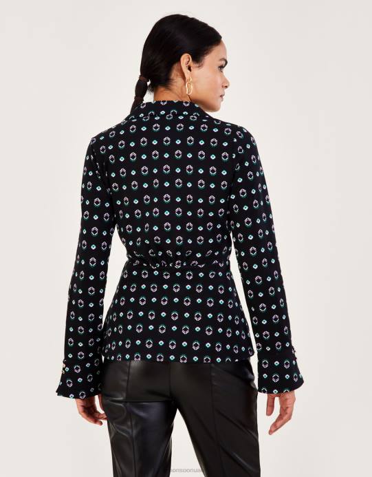 Monsoon نحيف قميص جيرسي ملتف بطبعات هندسية ومكشكش من القطن المستدام D68H749 ملابس أسود