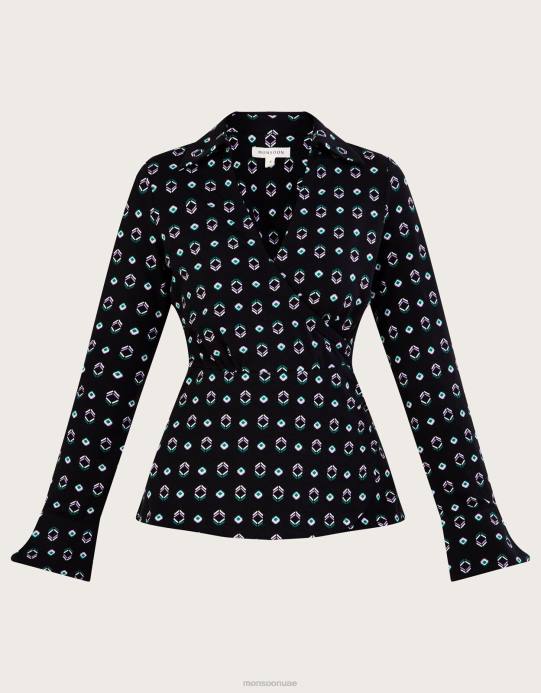 Monsoon نحيف قميص جيرسي ملتف بطبعات هندسية ومكشكش من القطن المستدام D68H749 ملابس أسود