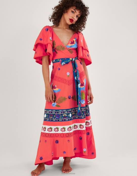 Monsoon نحيف فستان طويل مزين بأكمام من لوسي D68H761 ملابس برتقالي (مرجاني)