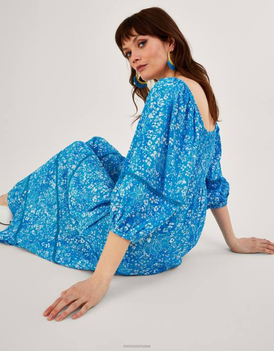 Monsoon نحيف فستان غابي مزين بأزرار من الفيسكوز المستدام D68H762 ملابس أزرق